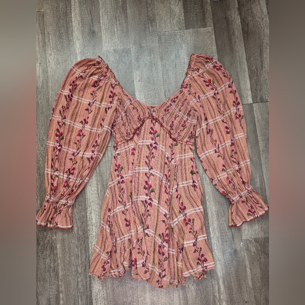 Free People Rust-Peach Floral Long Sleeve Mini Dress - Picture 14 of 15